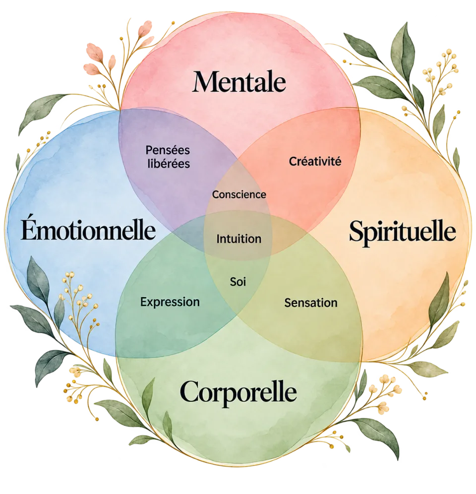 Approche intégrative : les dimensions mentale, émotionnelle, corporelle et spirituelle se rejoignent autour de la conscience, de l'intuition et du soi